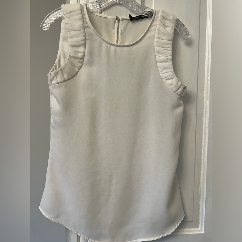 Zara  Ladies Sheer Fully Lined Deep White Sleeveless Work Blouse Top Size S